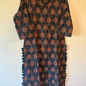 Navy Midi Dress with Rust Pattern and Pom-Pom Trim